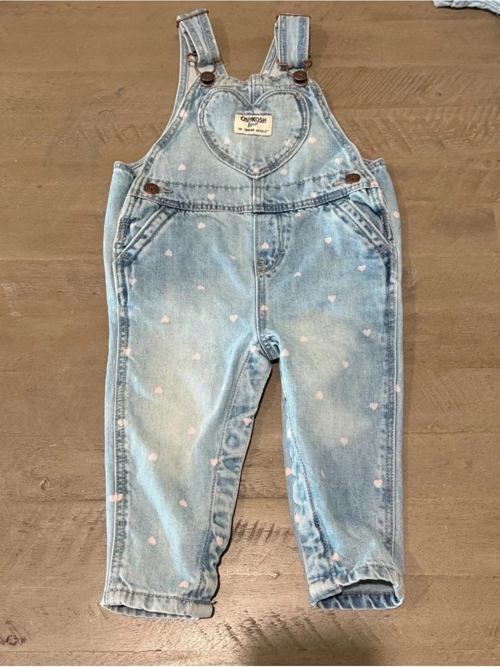 OshKosh Heart Patch Denim Overalls - Light Blue with Pink Hearts